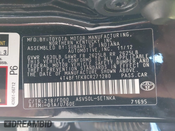 2012 Toyota Camry L z VIN 4T4BF1FK8CR271280, wystawiony jako IAAI lot #42229436 z przebiegiem 165 620 mil mil oraz . Historia ofert i sprzedaży dostępna na DreamBid. Obrazek 9.