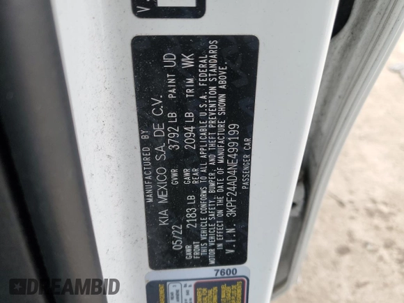 2022 Kia Forte LXS with VIN 3KPF24AD4NE499199, listed as a Copart auction lot 83819364 with 94,104 mi miles and Salvage Title. Bid and sale history available at carsss.com. Image 13.
