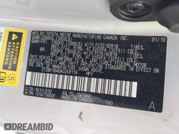 2010 Lexus RX 350 with VIN 2T2BK1BA6AC048118, listed as a IAAI auction lot 42181288 with 138,782 mi miles and . Bid and sale history available at DreamBid. Image 9.