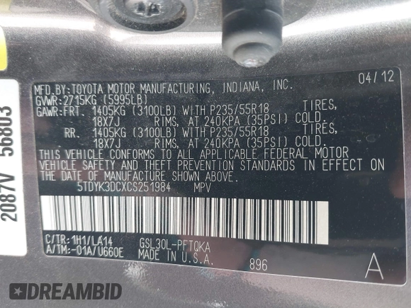 2012 Toyota Sienna XLE AAS with VIN 5TDYK3DCXCS251984, listed as a IAAI auction lot 42235046 with 126,404 mi miles and . Bid and sale history available at DreamBid. Image 9.
