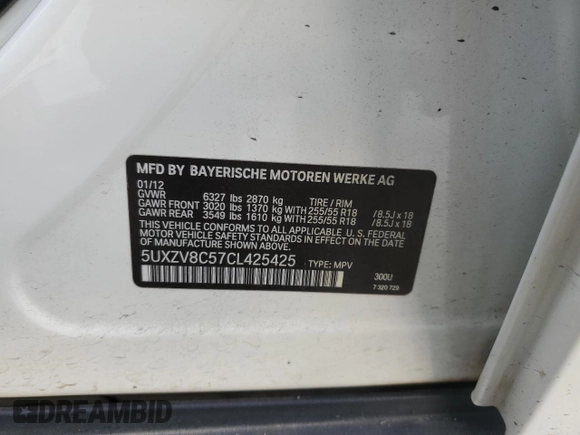 2012 BMW X5 50i with VIN 5UXZV8C57CL425425, listed as a Copart auction lot 55846475 with 70,960 mi miles and Salvage title. Bid and sale history available at DreamBid. Image 14.