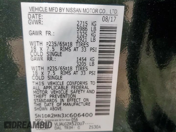 2018 Nissan Pathfinder SL with VIN 5N1DR2MN3JC606400, listed as a Copart auction lot 57350325 with 114,167 mi miles and Salvage title. Bid and sale history available at DreamBid. Image 13.
