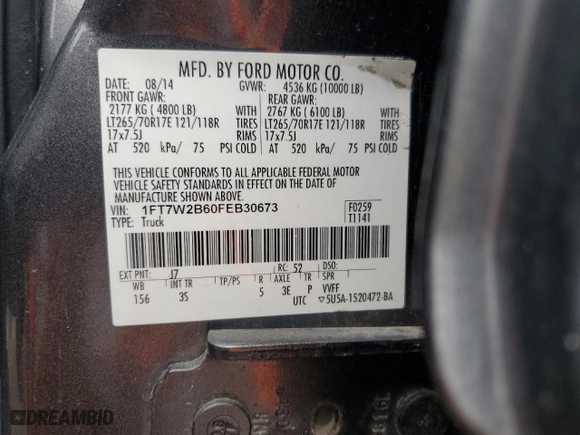 2015 Ford Super Duty F-250 SRW Lariat with VIN 1FT7W2B60FEB30673, listed as a Copart auction lot 44843545 with 162,701 mi miles and Salvage Title. Bid and sale history available at carsss.com. Image 15.