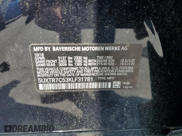 2019 BMW X3 sDrive30i z VIN 5UXTR7C53KLF31781, wystawiony jako Copart lot #56926935 z przebiegiem 120 397 mil mil oraz Czysty tytuł • Clean title. Historia ofert i sprzedaży dostępna na DreamBid. Obrazek 13.