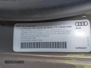 2013 Audi A7 3.0 Premium Plus with VIN WAUYGAFC5DN077054, listed as a IAAI auction lot 41298537 with 150,679 mi miles. Bid and sale history available at carsss.com. Image 9.