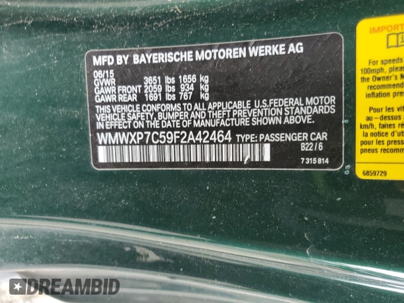 2015 MINI Hardtop S with VIN WMWXP7C59F2A42464, listed as a Copart auction lot 52101705 with Not Provided miles and Salvage Title. Bid and sale history available at DreamBid. Image 12.