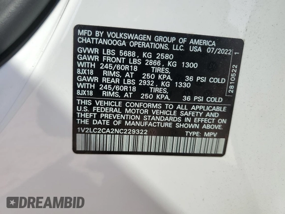 2022 Volkswagen Atlas SE with VIN 1V2LC2CA2NC229322, listed as a Copart auction lot 73057664 with 19,067 mi miles and Salvage title. Bid and sale history available at DreamBid. Image 14.