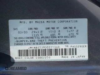 2003 Mazda MX-5 Miata Cloth with VIN JM1NB353930311340, listed as a IAAI auction lot 42145967 with 194,740 mi miles and . Bid and sale history available at DreamBid. Image 9.