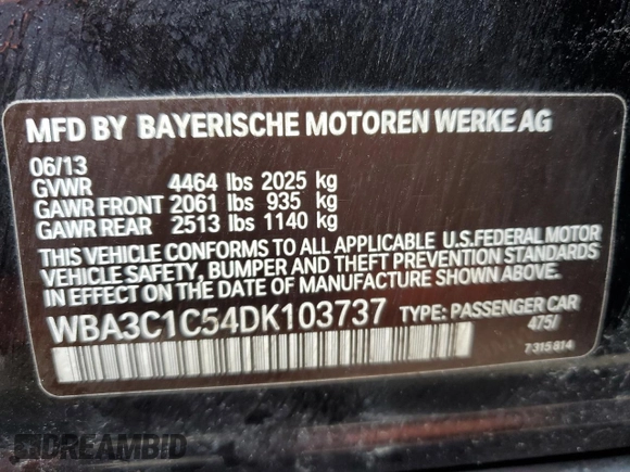 2013 BMW 3 Series 328i с VIN WBA3C1C54DK103737, выставлен на аукционе Copart как лот 47820025 с пробегом 134 896 миль миль и На запчасти • Non repairable. История ставок и продаж доступна на DreamBid. Изображение 13.