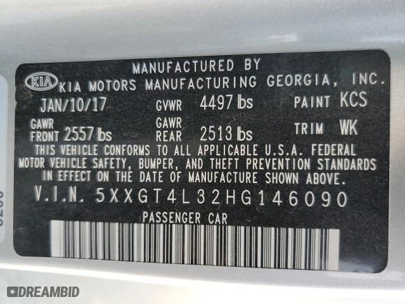 2017 Kia Optima LX with VIN 5XXGT4L32HG146090, listed as a Copart auction lot 71650734 with 164,595 mi miles and Salvage Title. Bid and sale history available at carsss.com. Image 12.
