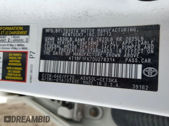 2013 Toyota Camry L with VIN 4T1BF1FK7DU278314, listed as a Copart auction lot 50311225 with 161,276 mi miles and Salvage Title. Bid and sale history available at carsss.com. Image 13.