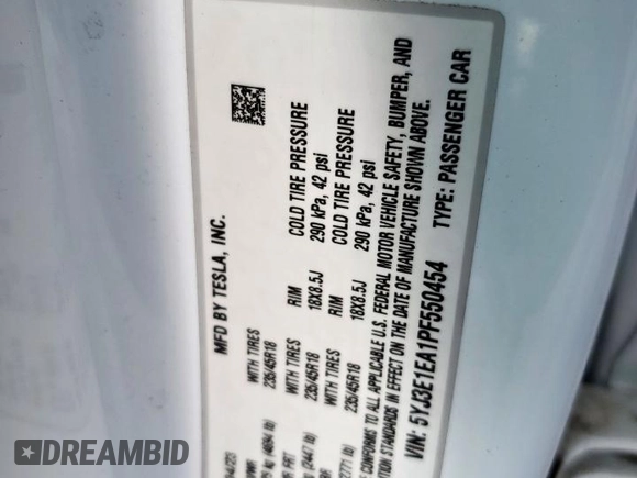 2023 Tesla Model 3 with VIN 5YJ3E1EA1PF550454, listed as a Copart auction lot 58985695 with 19,199 mi miles and Salvage title. Bid and sale history available at DreamBid. Image 12.
