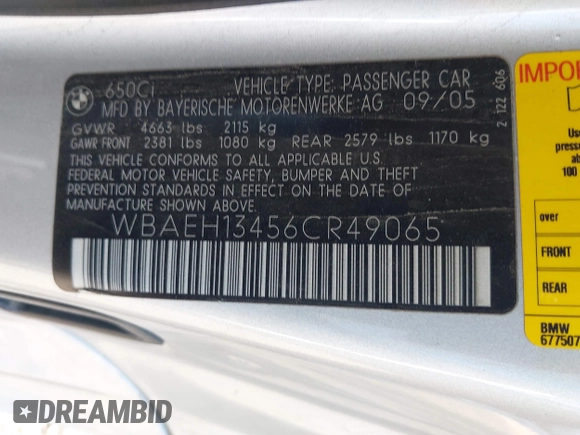 2006 BMW 6 Series 650Ci with VIN WBAEH13456CR49065, listed as a IAAI auction lot 41840327 with 128,451 mi miles. Bid and sale history available at carsss.com. Image 9.