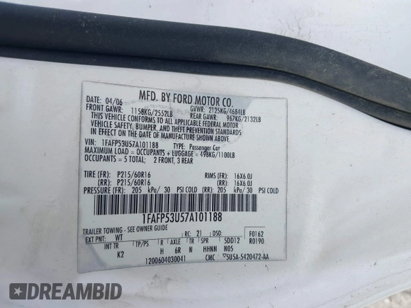 2007 Ford Taurus SE z VIN 1FAFP53U57A101188, wystawiony jako IAAI lot #42102585 z przebiegiem Nie podano mil oraz . Historia ofert i sprzedaży dostępna na DreamBid. Obrazek 9.