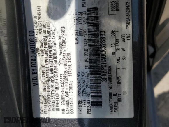 2012 Ford Fusion SE z VIN 3FAHP0HA0CR328833, wystawiony jako Copart lot #57631955 z przebiegiem 94 613 mil mil oraz Szkoda całkowita • Salvage title. Historia ofert i sprzedaży dostępna na DreamBid. Obrazek 12.