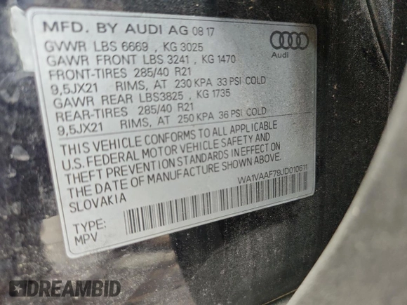 2018 Audi Q7 Prestige with VIN WA1VAAF79JD010611, listed as a Copart auction lot 61014685 with 158,977 mi miles and Salvage title. Bid and sale history available at DreamBid. Image 12.