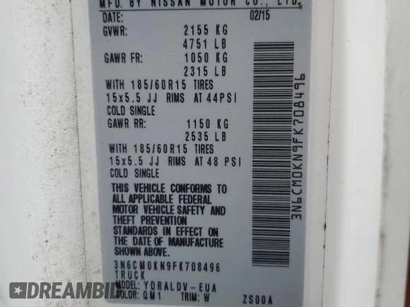 2015 Nissan NV200 SV with VIN 3N6CM0KN9FK708496, listed as a Copart auction lot 57135105 with 141,126 mi miles and Salvage title. Bid and sale history available at DreamBid. Image 14.