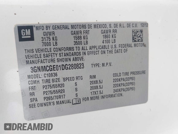 2013 Chevrolet Avalanche LTZ with VIN 3GNMCGE01DG280823, listed as a IAAI auction lot 42523302 with 193,255 mi miles and . Bid and sale history available at DreamBid. Image 9.