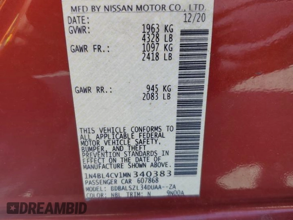 2021 Nissan Altima 2.5 SR with VIN 1N4BL4CV1MN340383, listed as a Copart auction lot 49845775 with 68,614 mi miles and Salvage Title. Bid and sale history available at carsss.com. Image 13.