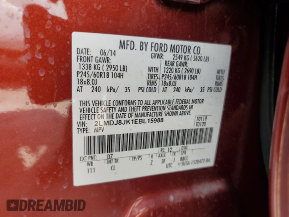 2014 Lincoln MKX with VIN 2LMDJ8JK1EBL15988, listed as a Copart auction lot 72380414 with 193,460 mi miles and Salvage Title. Bid and sale history available at DreamBid. Image 14.