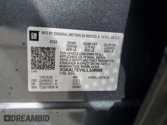 2020 GMC Terrain SLE with VIN 3GKALTEV6LL108989, listed as a Copart auction lot 53298785 with 44,085 mi miles and Salvage Title. Bid and sale history available at DreamBid. Image 13.