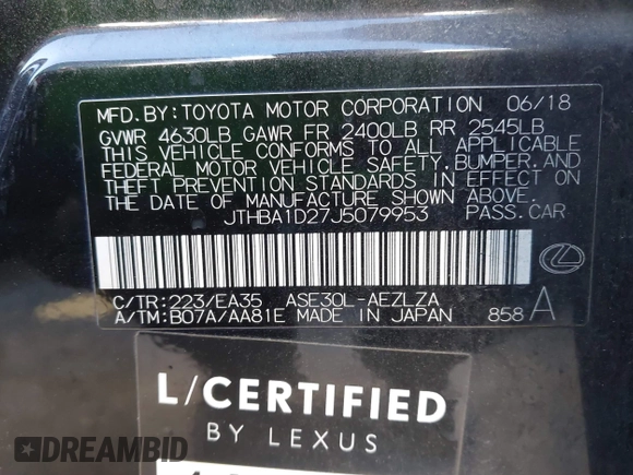 2018 Lexus IS with VIN JTHBA1D27J5079953, listed as a IAAI auction lot 41868864 with 101,950 mi miles. Bid and sale history available at carsss.com. Image 9.