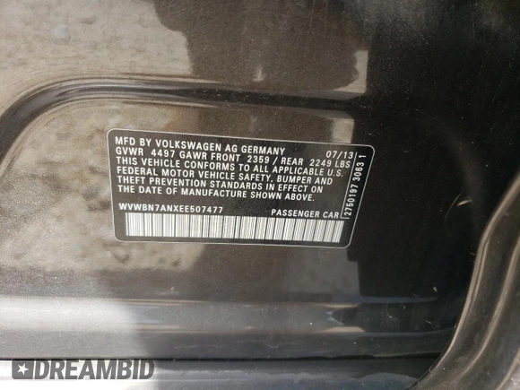2014 Volkswagen CC R-Line with VIN WVWBN7ANXEE507477, listed as a Copart auction lot 58546374 with 73,792 mi miles and Salvage Title. Bid and sale history available at carsss.com. Image 12.
