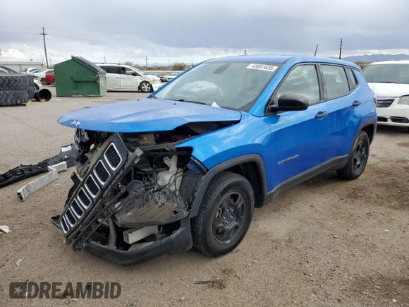 2021 Jeep Compass Sport z VIN 3C4NJCAB1MT576970, wystawiony jako Copart lot #43081635 z przebiegiem 42 759 mil mil oraz Szkoda całkowita • Salvage title. Historia ofert i sprzedaży dostępna na DreamBid. Obrazek 1.