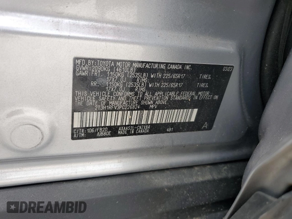 2023 Toyota RAV4 LE with VIN 2T3H1RFV3PC226824, listed as a Copart auction lot 60162695 with 87,043 mi miles and Salvage title. Bid and sale history available at DreamBid. Image 13.