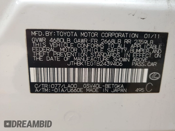 2011 Lexus ES 330 с VIN JTHBK1EG1B2439406, выставлен на аукционе Copart как лот 54716615 с пробегом 77 617 миль миль и Списание • Salvage title. История ставок и продаж доступна на DreamBid. Изображение 12.