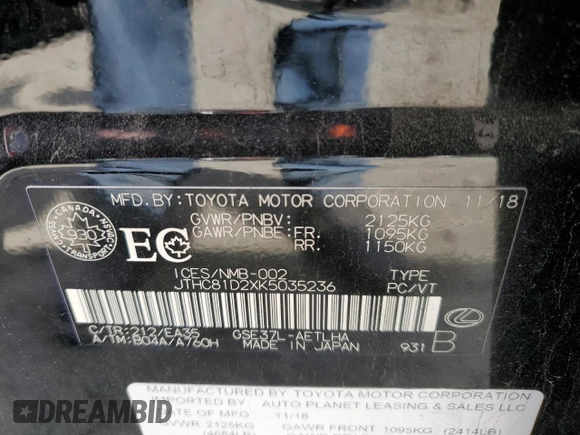 2019 Lexus IS 300 with VIN JTHC81D2XK5035236, listed as a Copart auction lot 54554095 with 70,847 mi miles and Salvage title. Bid and sale history available at DreamBid. Image 12.
