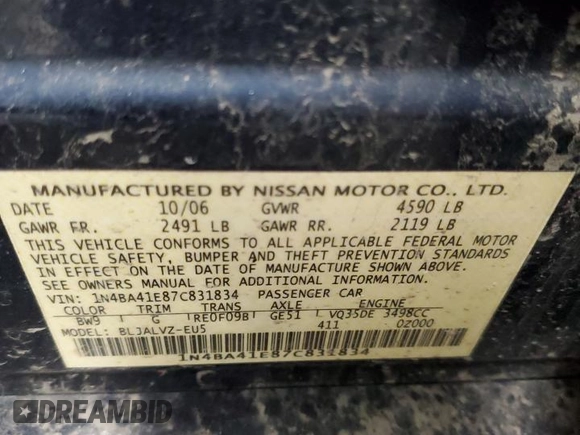 2007 Nissan Maxima 3.5 SL with VIN 1N4BA41E87C831834, listed as a Copart auction lot 41422205 with 134,025 mi miles and Salvage Title. Bid and sale history available at carsss.com. Image 12.