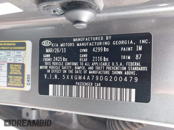 2013 Kia Optima LX z VIN 5XXGM4A79DG200479, wystawiony jako IAAI lot #42412641 z przebiegiem 183 916 mil mil oraz . Historia ofert i sprzedaży dostępna na DreamBid. Obrazek 9.