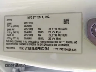 2023 Tesla Model 3 with VIN 5YJ3E1EA5PF502066, listed as a IAAI auction lot 41934960 with 17,926 mi miles and . Bid and sale history available at carsss.com. Image 9.