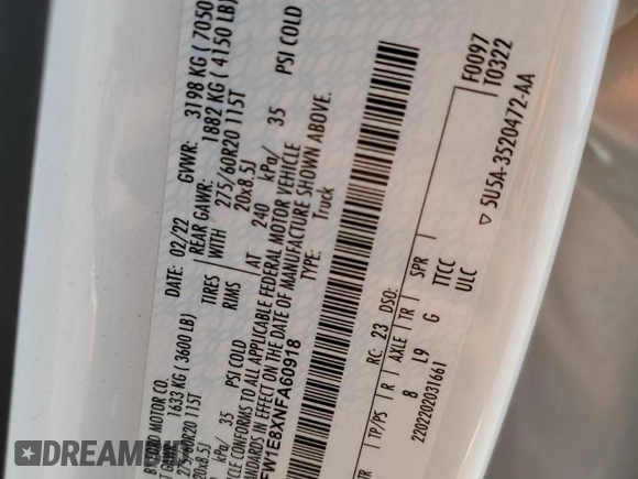 2022 Ford F-150 XL with VIN 1FTFW1E8XNFA60918, listed as a Copart auction lot 49954125 with 84,079 mi miles and Salvage Title. Bid and sale history available at DreamBid. Image 14.