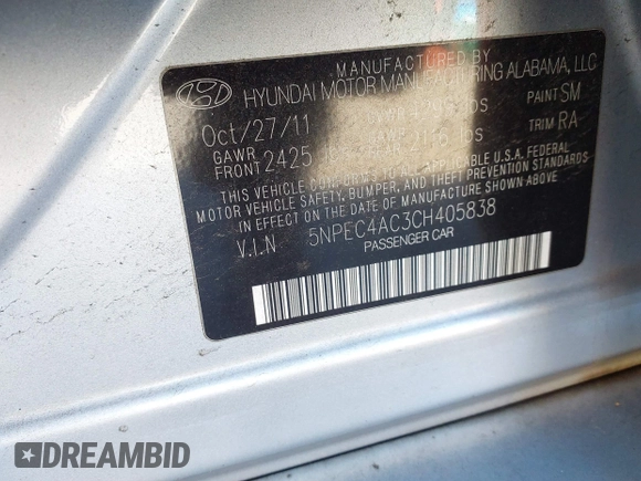 2012 Hyundai Sonata Limited with VIN 5NPEC4AC3CH405838, listed as a IAAI auction lot 41646808 with 188,986 mi miles and . Bid and sale history available at DreamBid. Image 9.