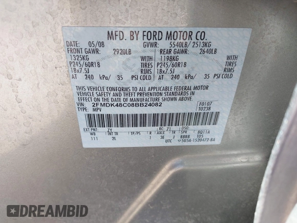 2008 Ford Edge SEL z VIN 2FMDK48C08BB24082, wystawiony jako IAAI lot #42207882 z przebiegiem 147 549 mil mil oraz . Historia ofert i sprzedaży dostępna na DreamBid. Obrazek 9.