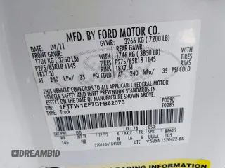 2011 Ford F-150 XL z VIN 1FTFW1EF7BFB62073, wystawiony jako IAAI lot #42057203 z przebiegiem 148 592 mil mil oraz . Historia ofert i sprzedaży dostępna na DreamBid. Obrazek 9.