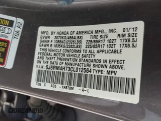 2012 Honda CR-V EX-L with VIN 5J6RM4H73CL012564, listed as a IAAI auction lot 42156438 with 165,346 mi miles and . Bid and sale history available at DreamBid. Image 9.