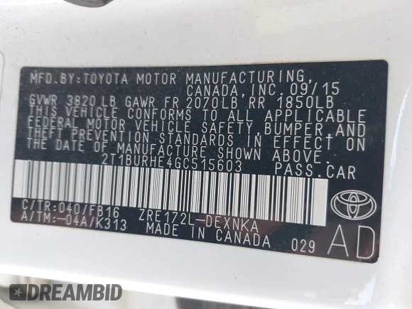2016 Toyota Corolla L with VIN 2T1BURHE4GC515603, listed as a IAAI auction lot 42315189 with 98,253 mi miles and . Bid and sale history available at DreamBid. Image 9.