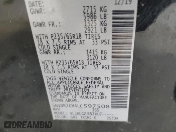 2020 Nissan Pathfinder SL with VIN 5N1DR2CM4LC597508, listed as a Copart auction lot 61955365 with 132,822 mi miles and Salvage title. Bid and sale history available at DreamBid. Image 13.