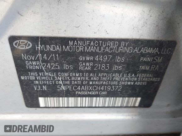 2012 Hyundai Sonata SE with VIN 5NPEC4ABXCH419372, listed as a IAAI auction lot 41877523 with 200,148 mi miles and . Bid and sale history available at carsss.com. Image 9.