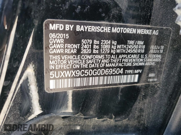 2016 BMW X3 xDrive28i with VIN 5UXWX9C50G0D69504, listed as a Copart auction lot 48207305 with 116,784 mi miles and Salvage Title. Bid and sale history available at DreamBid. Image 15.