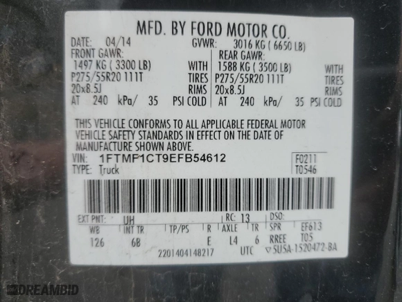 2014 Ford F-150 XL with VIN 1FTMF1CT9EFB54612, listed as a Copart auction lot 43210385 with 116,719 mi miles and Salvage Title. Bid and sale history available at carsss.com. Image 14.