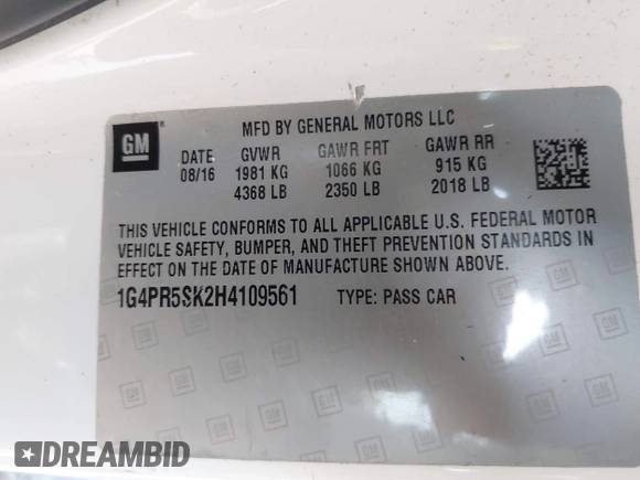 2017 Buick Verano Sport Touring with VIN 1G4PR5SK2H4109561, listed as a IAAI auction lot 42132679 with 1 mi miles. Bid and sale history available at carsss.com. Image 9.
