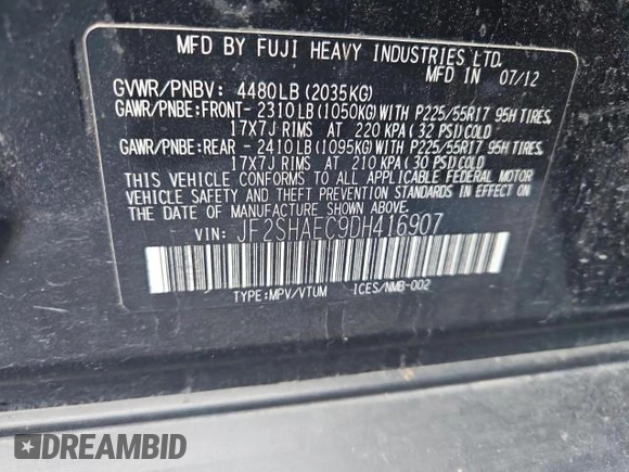 2013 Subaru Forester X Limited with VIN JF2SHAEC9DH416907, listed as a Copart auction lot 43210225 with 232,278 mi miles and Clean title. Bid and sale history available at DreamBid. Image 10.