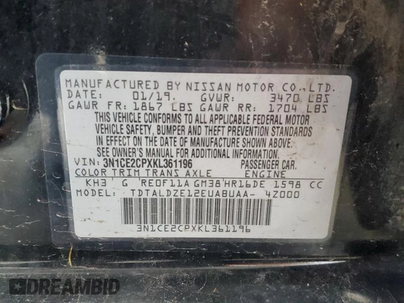2019 Nissan Note SV с VIN 3N1CE2CPXKL361196, выставлен на аукционе Copart как лот 60906685 с пробегом 141 054 миль миль и Чистый • Clean title. История ставок и продаж доступна на DreamBid. Изображение 12.