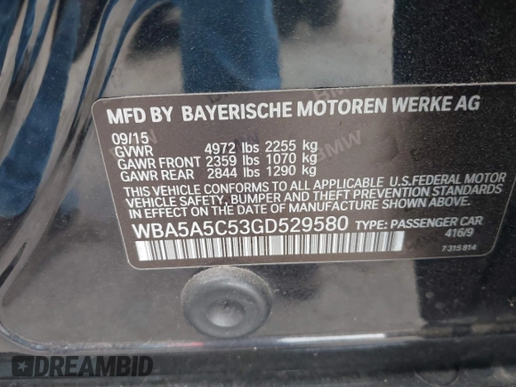 2016 BMW 5 Series 528i with VIN WBA5A5C53GD529580, listed as a IAAI auction lot 41877495 with 41,003 mi miles. Bid and sale history available at carsss.com. Image 9.