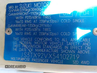 2005 Suzuki XL7 LX z VIN JS3TX92VX54102719, wystawiony jako IAAI lot #42305284 z przebiegiem Nie podano mil oraz . Historia ofert i sprzedaży dostępna na DreamBid. Obrazek 9.