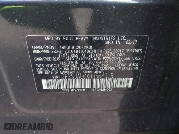 2017 Subaru Forester Premium with VIN JF2SJAECXHH564915, listed as a IAAI auction lot 42154931 with 112,178 mi miles and . Bid and sale history available at DreamBid. Image 9.